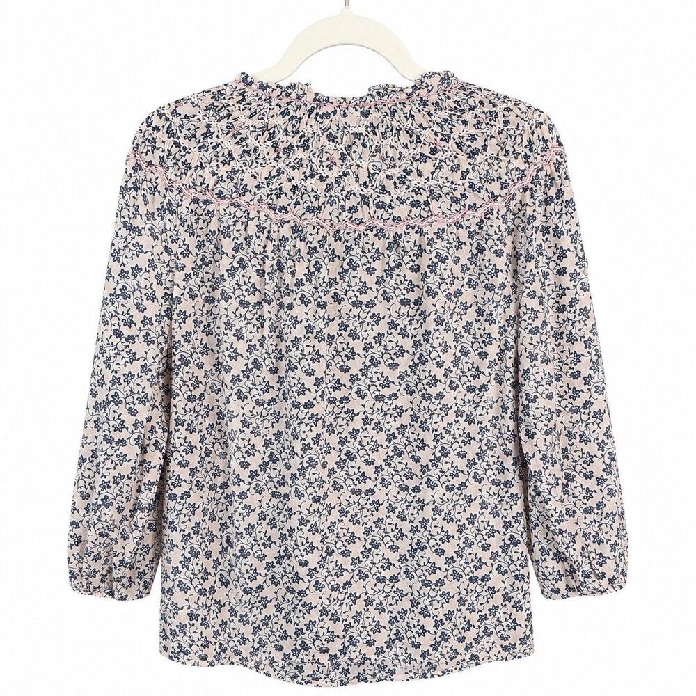 J.Jill Floral Blouse Ruffle Neck Boho Cottagecore Romantic Cotton Pink Navy M - Picture 10 of 10